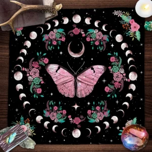 Pink Butterfly Moon Phase Floral Tarot Card Tablecloth  Altar Cloth Witchcraft Astrology Oracle Divination Cloth Home Decor